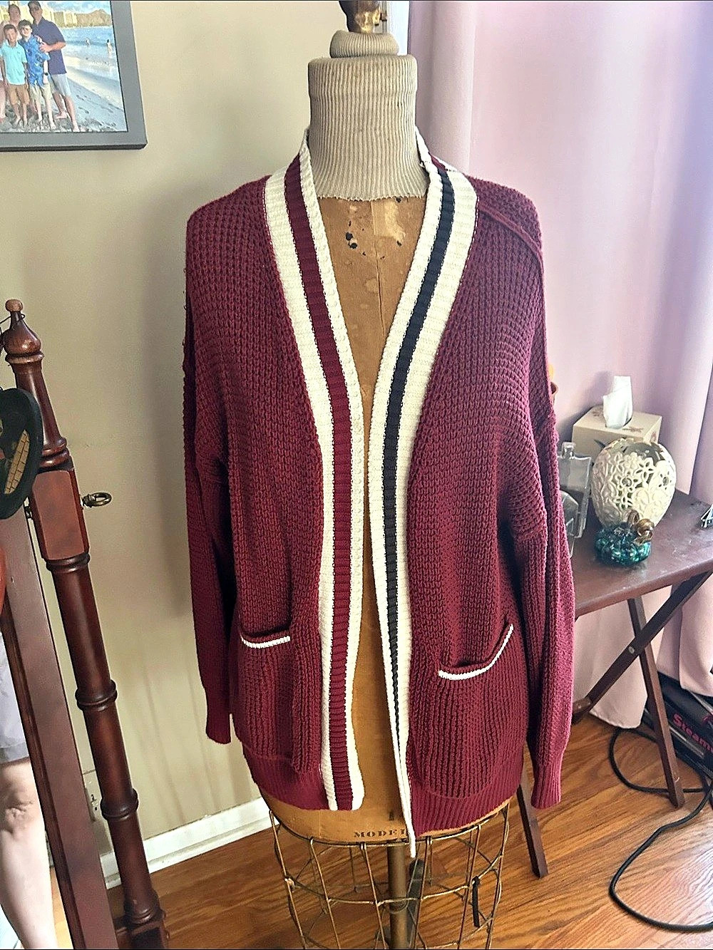 Universal Thread Burgundy Waffle Knit Varsity Striped Cardigan | Size Medium